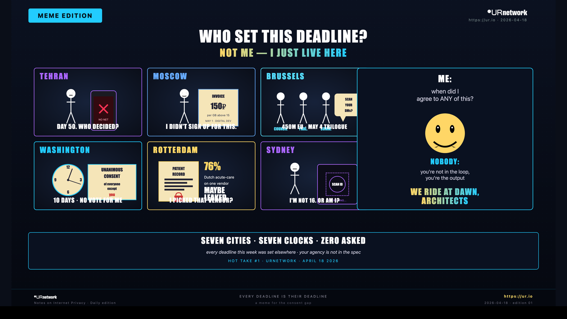 Editorial meme: Every Deadline Is Their Deadline. WHO SET THIS DEADLINE? — NOT ME — I JUST LIVE HERE — TEHRAN — ✕ — NO NET — DAY 50. WHO DECIDED?