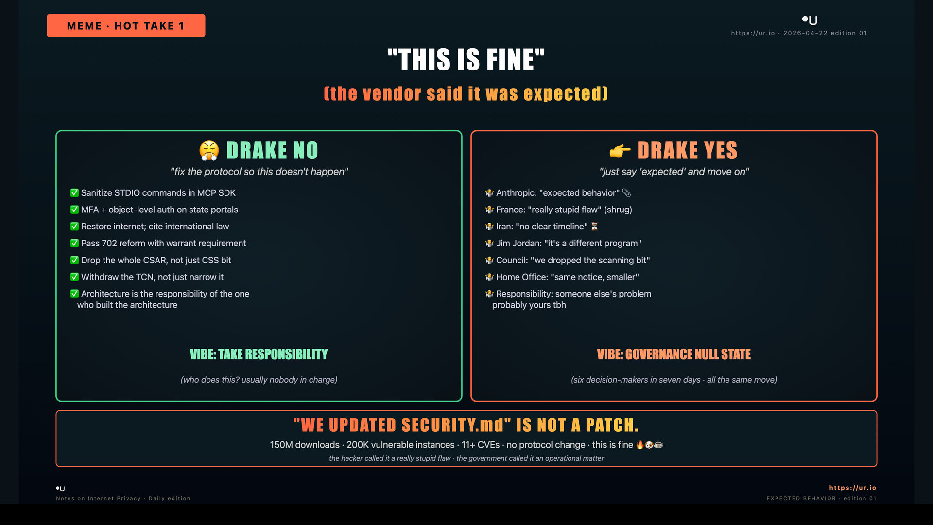 Editorial meme: Expected Is Not a Plan. "THIS IS FINE" — (the vendor said it was expected) — 😤 DRAKE NO — "fix the protocol so this doesn't happen"