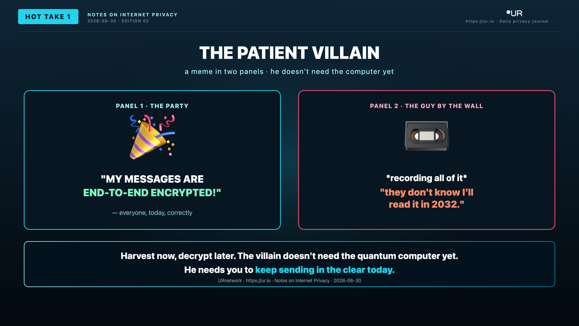 Editorial meme: The Clock Already Started. THE PATIENT VILLAIN — a meme in two panels · he doesn't need the computer yet — PANEL 1 · THE PARTY