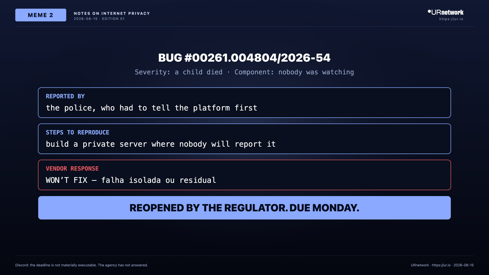 Editorial meme: This Is One Feature, One Company, And Nothing To Do With Encryption. BUG #00261.004804/2026-54 — Severity: a child died · Component: nobody was watching — REPORTED BY